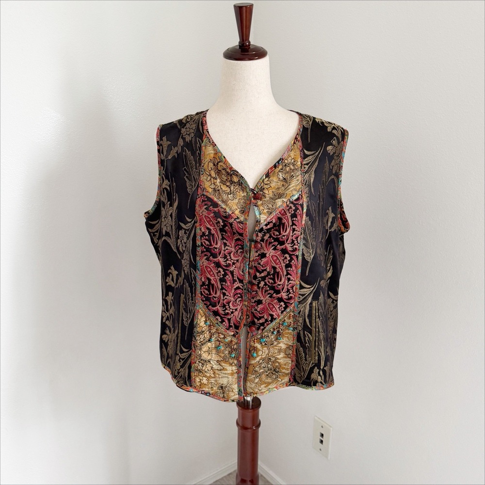 VTG Chicos Silk Blend Vest Size 2 Tapestry Renaissance Beaded Artsy Eclectic 90s